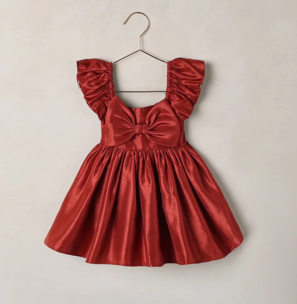 Red satin girls flutter sleeve dress with bow detail and full gathered skirt on hanger.