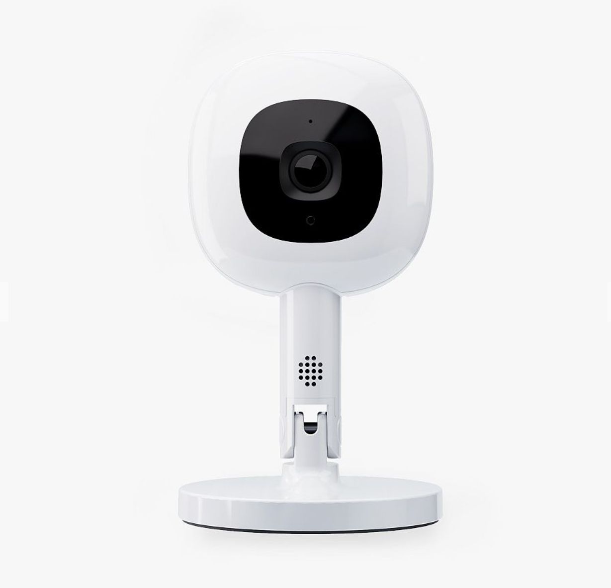 Modern white indoor security camera with slim design and rounded edges on adjustable stand against white background.