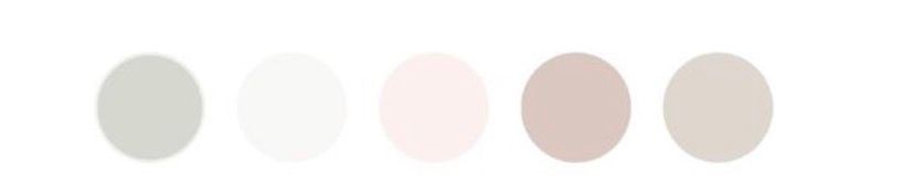 Five soft pastel color swatches in sage green, off-white, blush pink, dusty mauve, and warm gray arranged in a row.