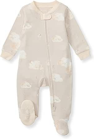Soft gray baby sleeper with delicate cloud and star pattern displayed in four different size views.