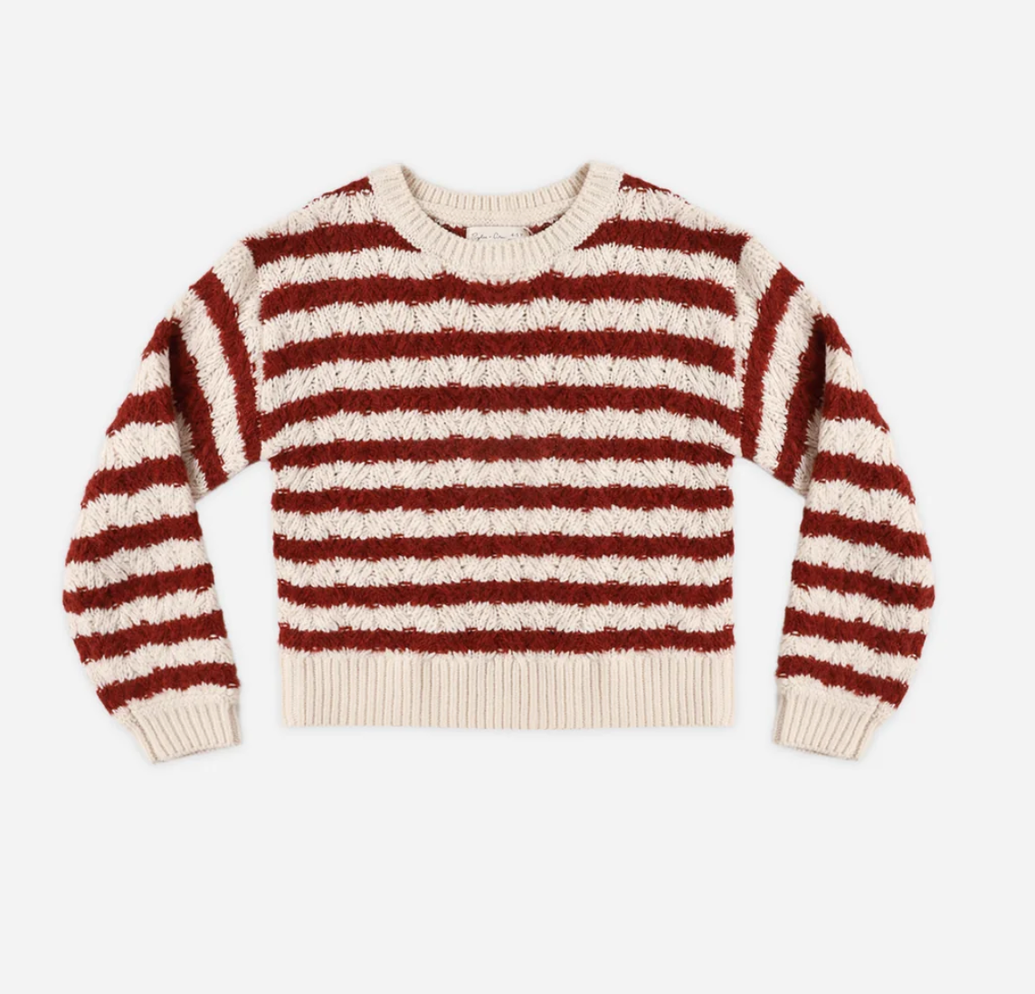 Cream and burgundy striped cropped knit sweater with long sleeves and ribbed cuffs and hem.