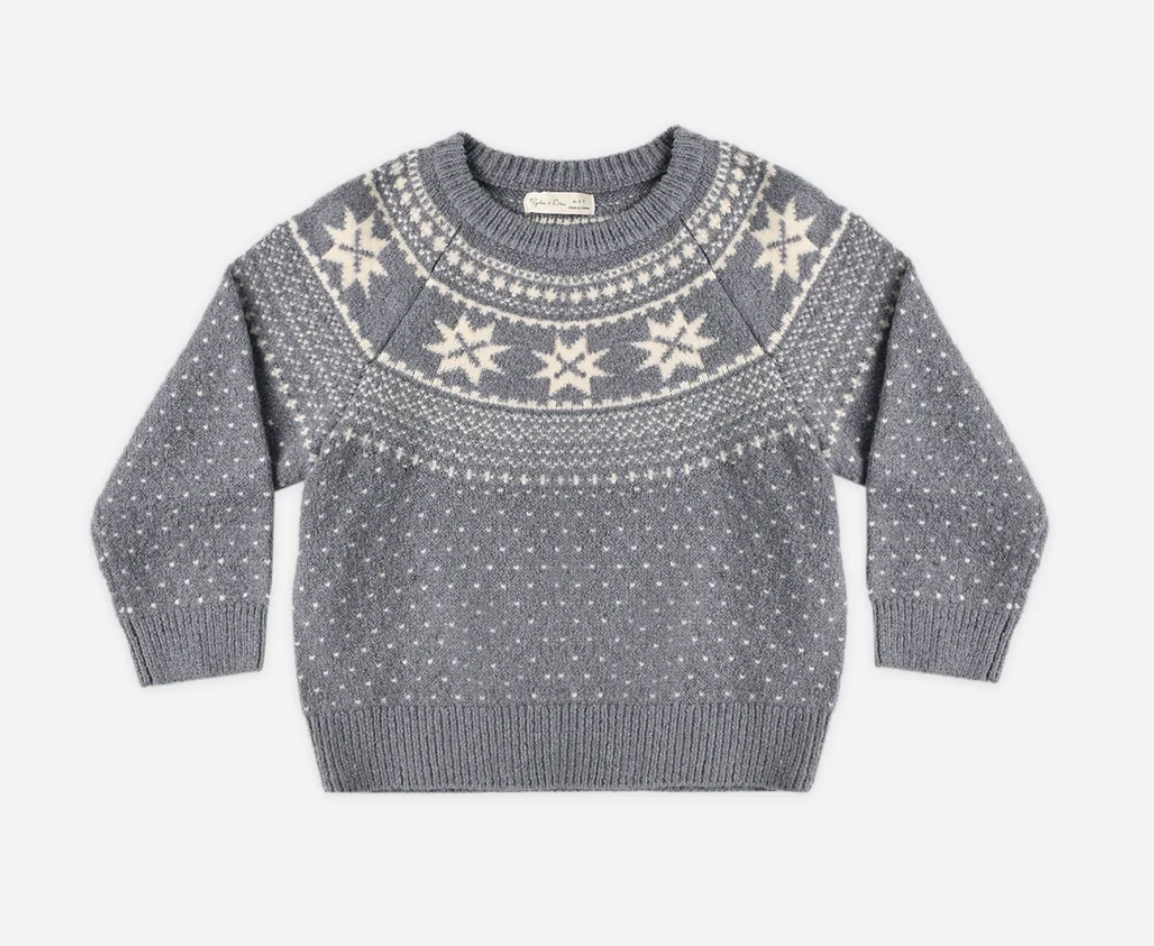 Gray fair isle knit sweater for kids with white snowflake and dot pattern, featuring a classic crew neck design.