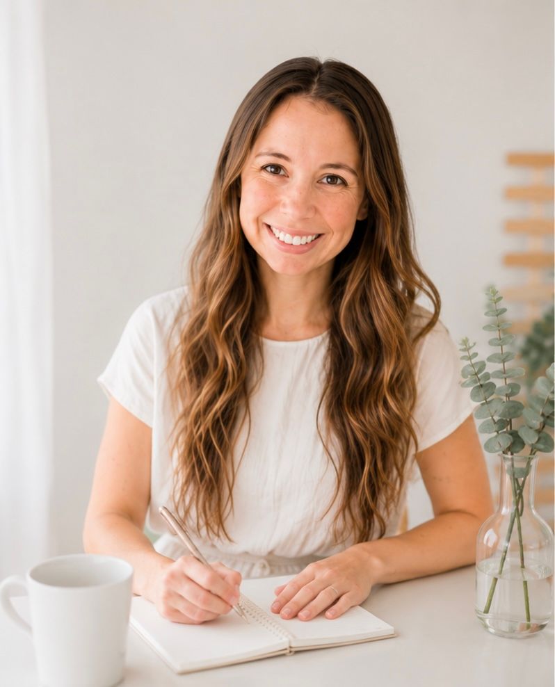 Smiling woman with long brown hair writing in a notebook at a white desk with a mug and plant.