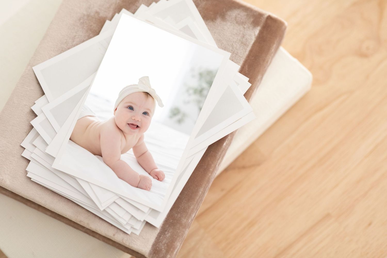 Stack of printed baby photos with a cute infant wearing a bow headband, placed on a velvet album on wood floor.