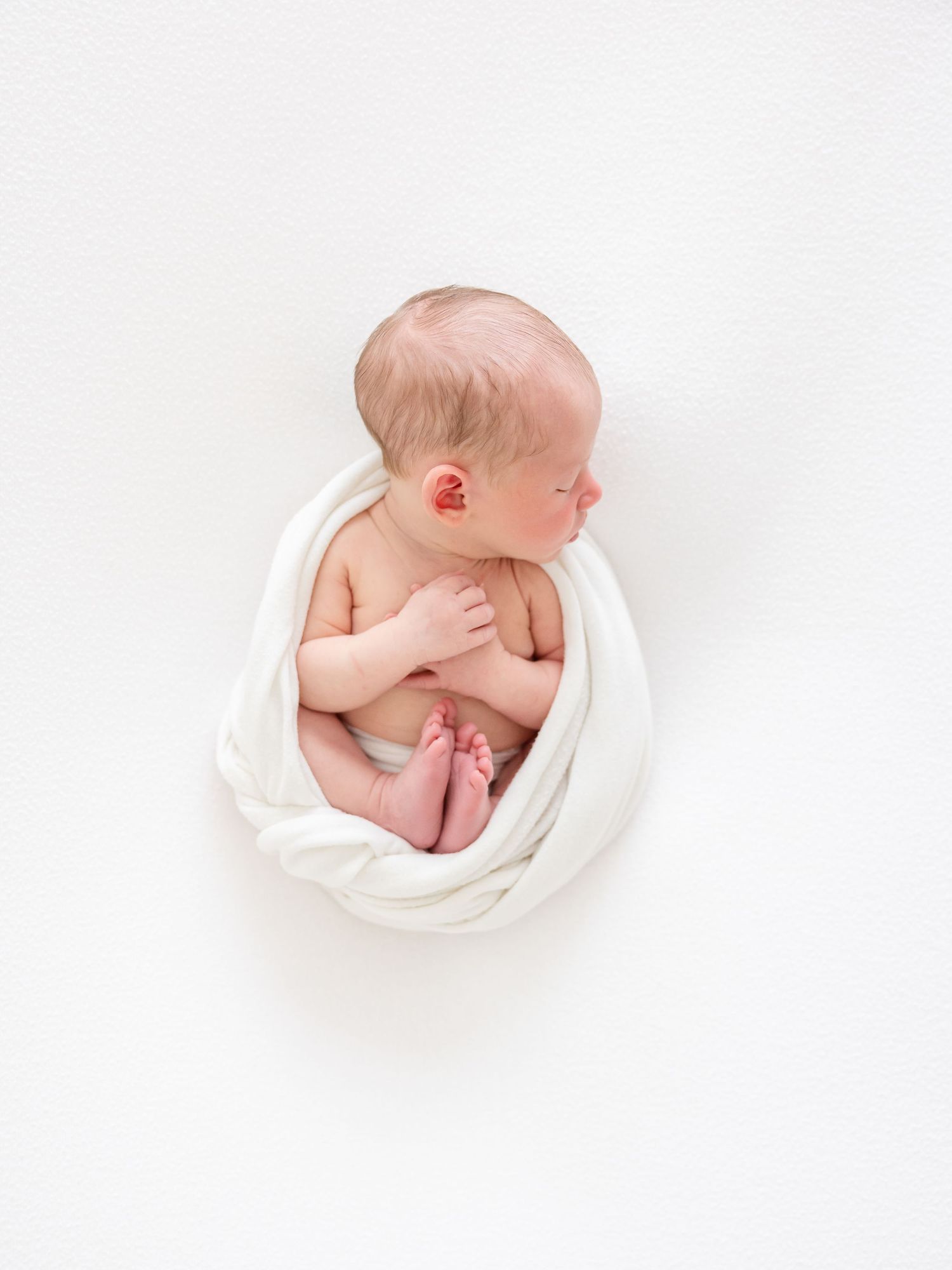 Newborn baby wrapped in soft white fabric curled up in fetal position against white background.