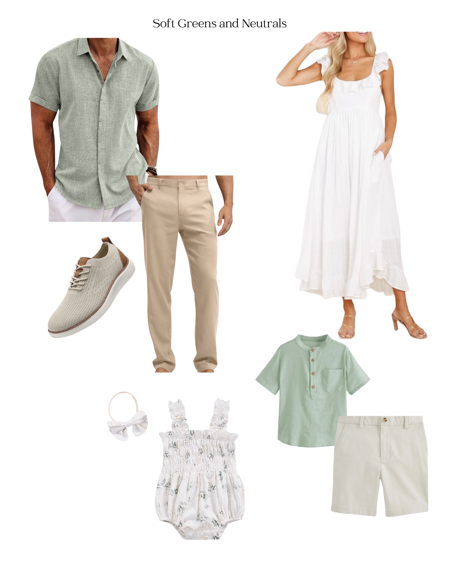 Soft greens and neutrals family outfit coordination featuring linen shirts, white maxi dress, kids green top, and floral baby romper.