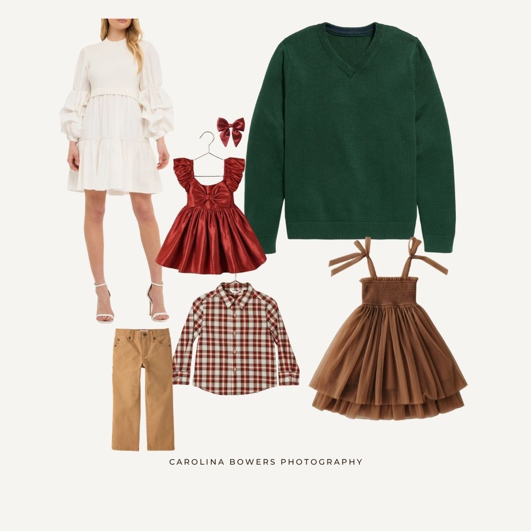 Family holiday outfit flatlay featuring white dress, green sweater, red plaid shirt, tan pants, red bow dress, and brown tulle dress.