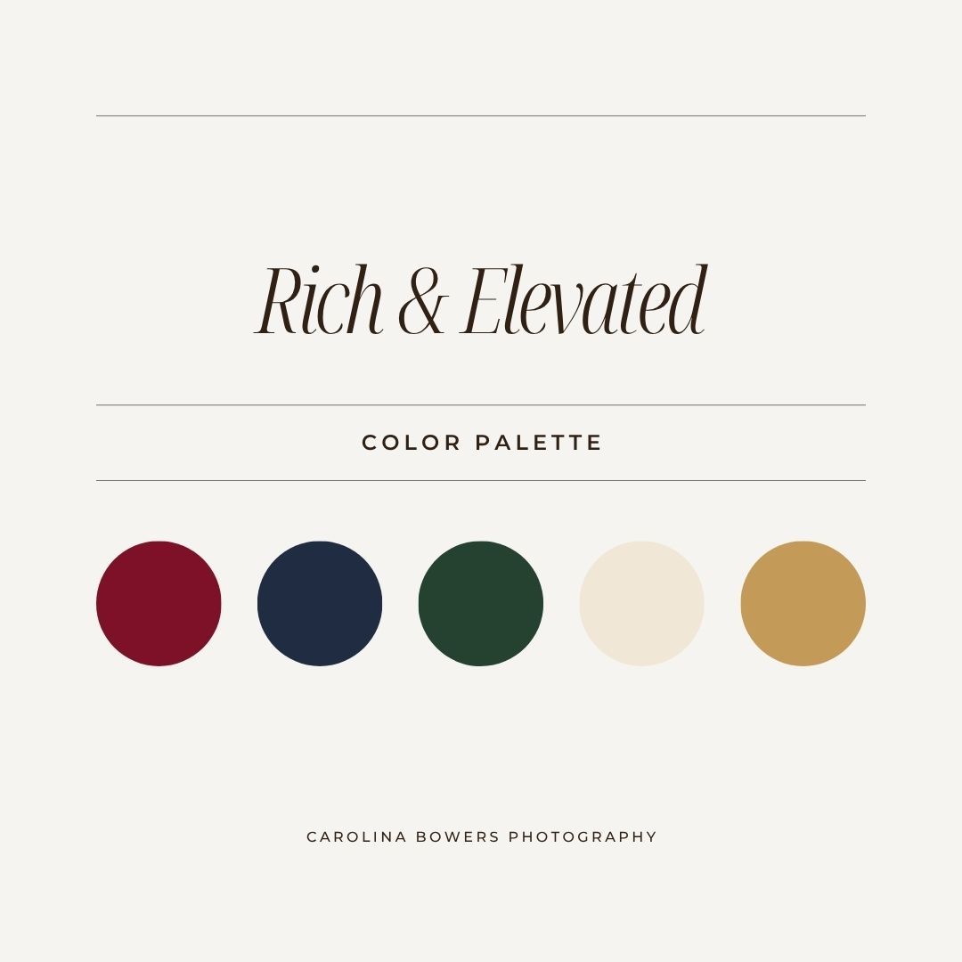 Rich and elevated color palette featuring deep red, navy, forest green, cream, and gold swatches by Carolina Bowers Photography.