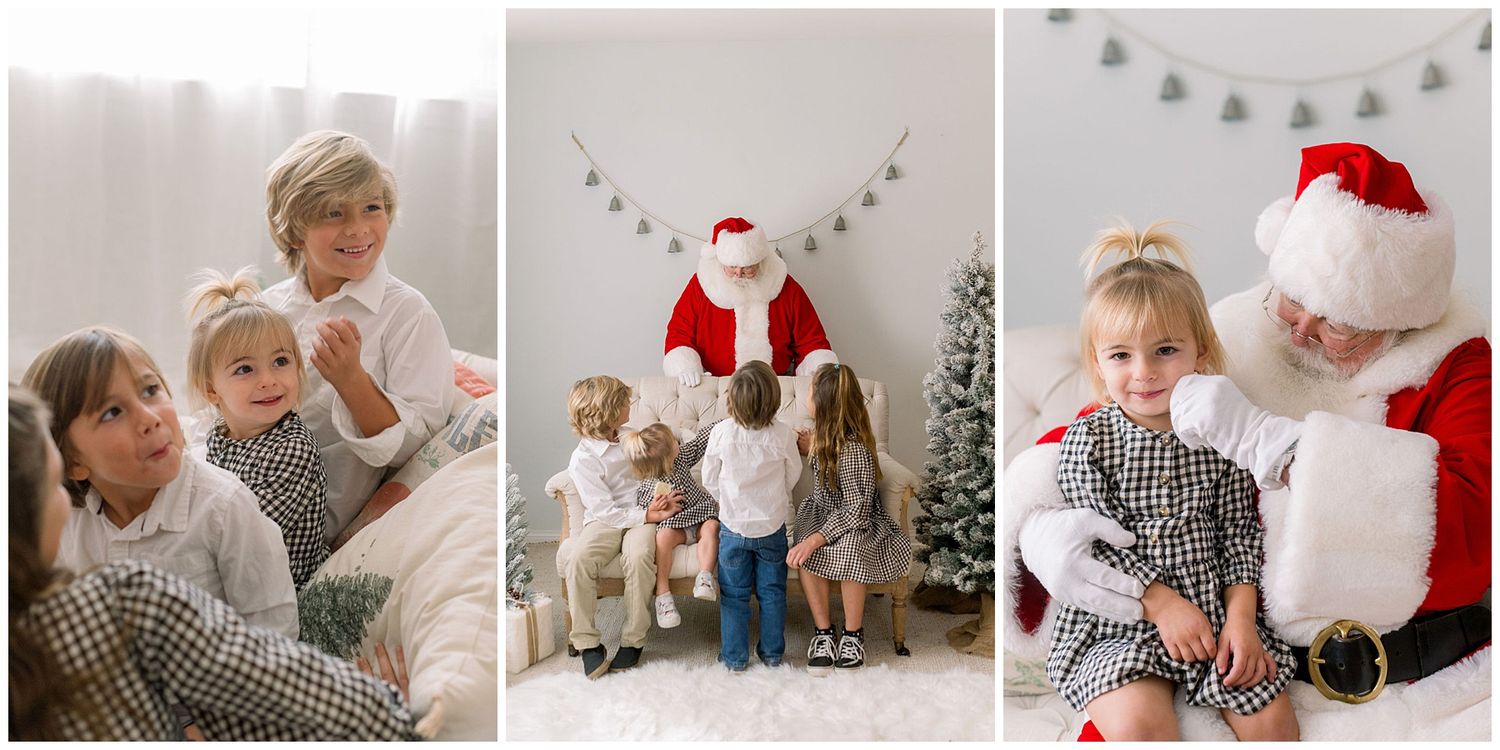 Three children in matching plaid outfits pose with Santa Claus in a bright white Christmas photo studio setting.