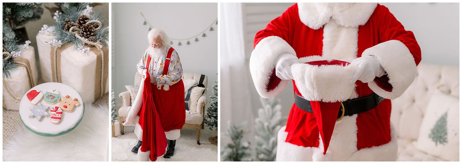 Santa Claus in red suit holding white hat near Christmas tree with gifts and festive holiday decorations in background.