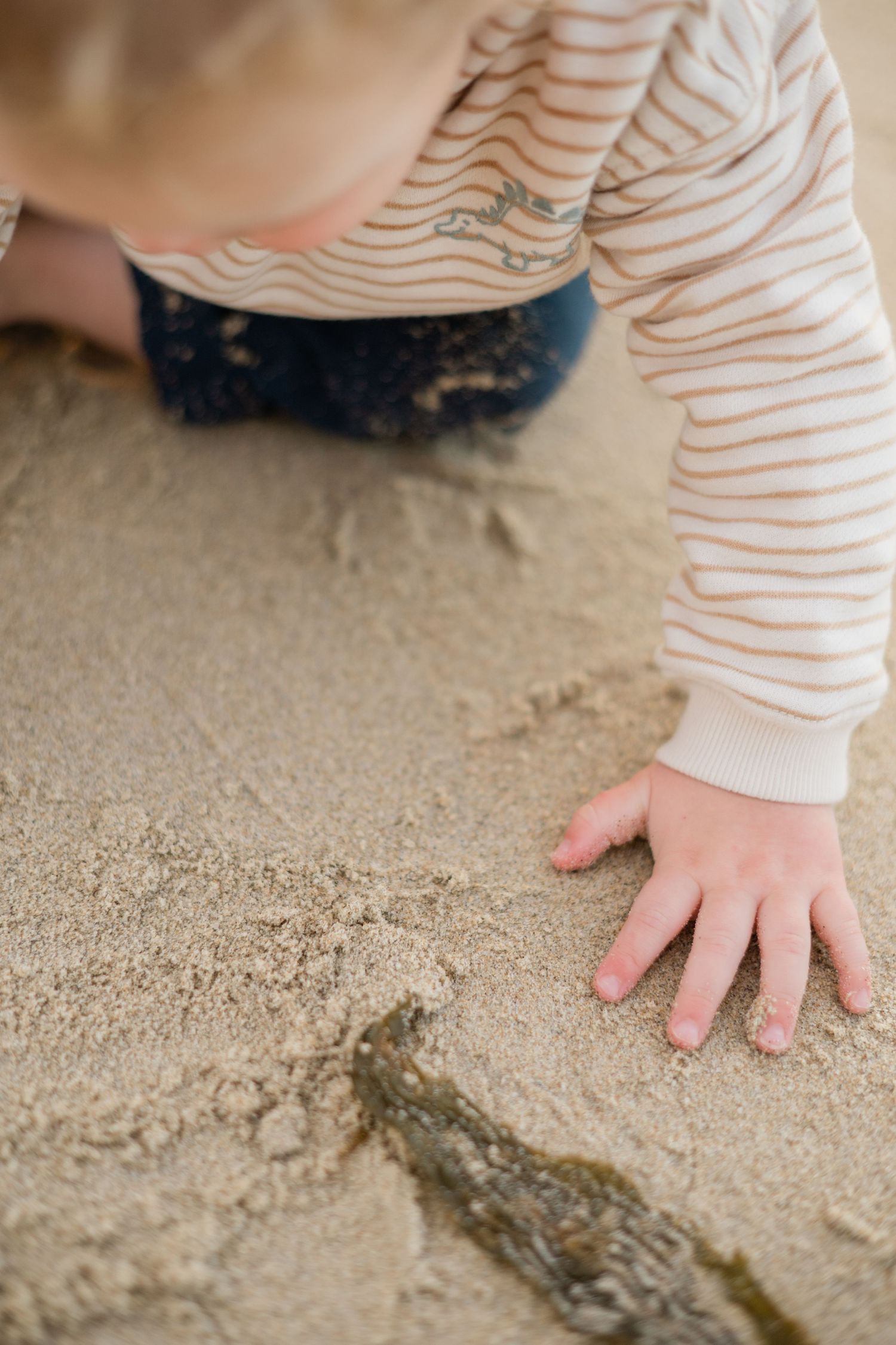 Young toddler in striped sweater playing in sand at beach, exploring with small hand touching sandy ground.