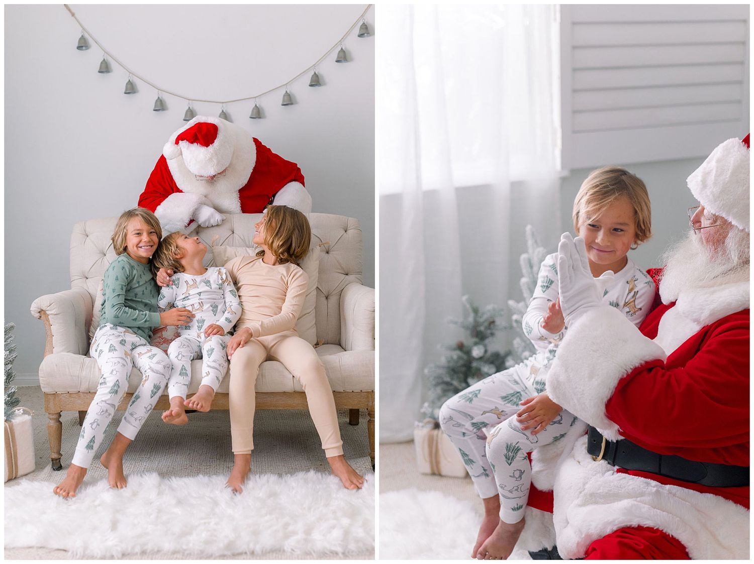 Two children in pajamas sit with Santa Claus on a cozy chair during a festive Christmas photo session.