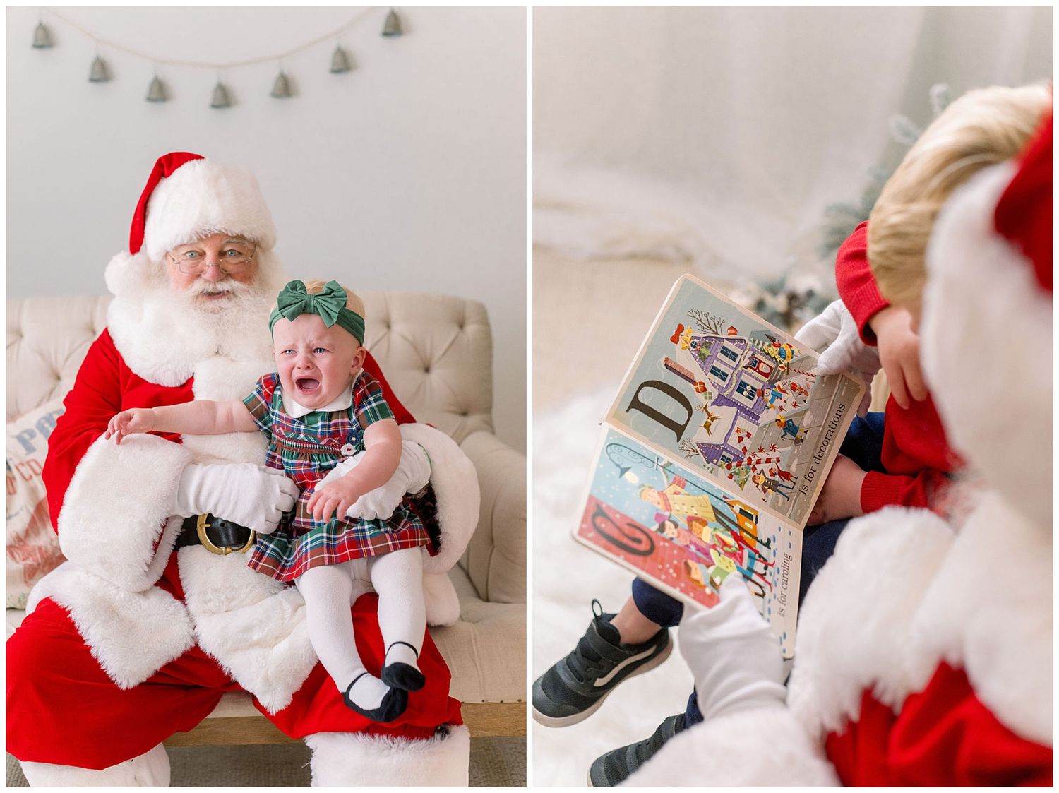 Santa Claus holds a crying baby girl in plaid dress while a toddler reads a colorful Christmas book with Santa nearby.