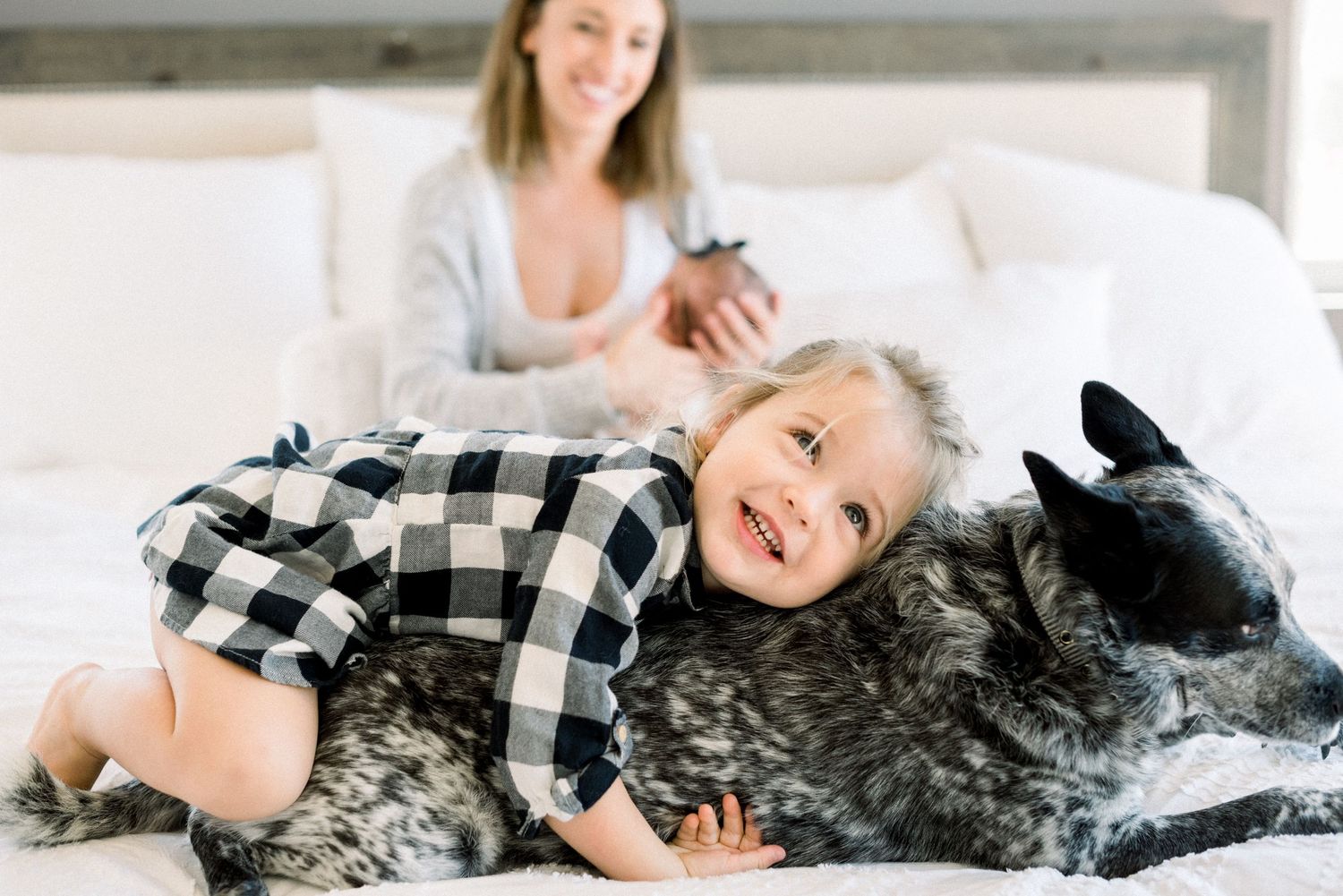 A cheerful toddler in a plaid shirt cuddles with a large dog on a white bed while mom holds a newborn behind.