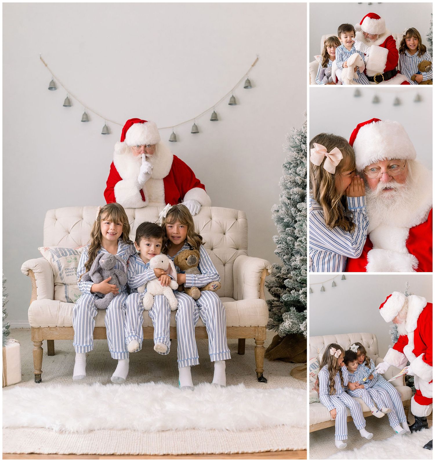 Children in striped pajamas pose with Santa Claus on a cream sofa in a bright white studio Christmas photo session.