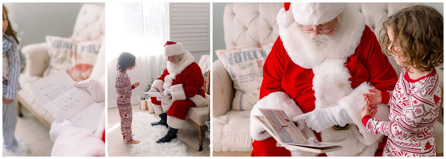 Children in pajamas meet Santa Claus during a cozy holiday photo session with soft white decor.
