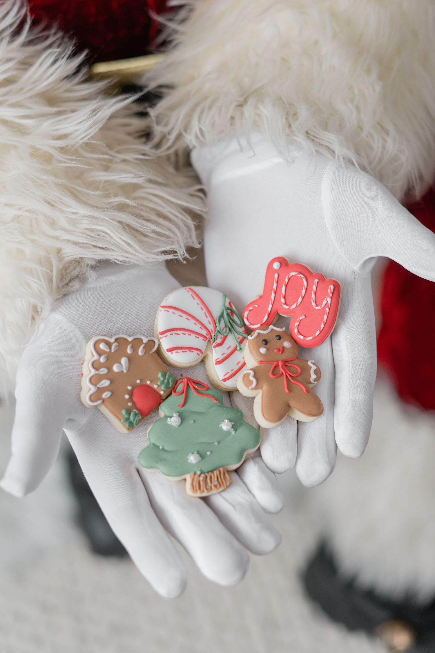 Santa Claus holds an assortment of decorated Christmas cookies including a gingerbread man and joy sign.