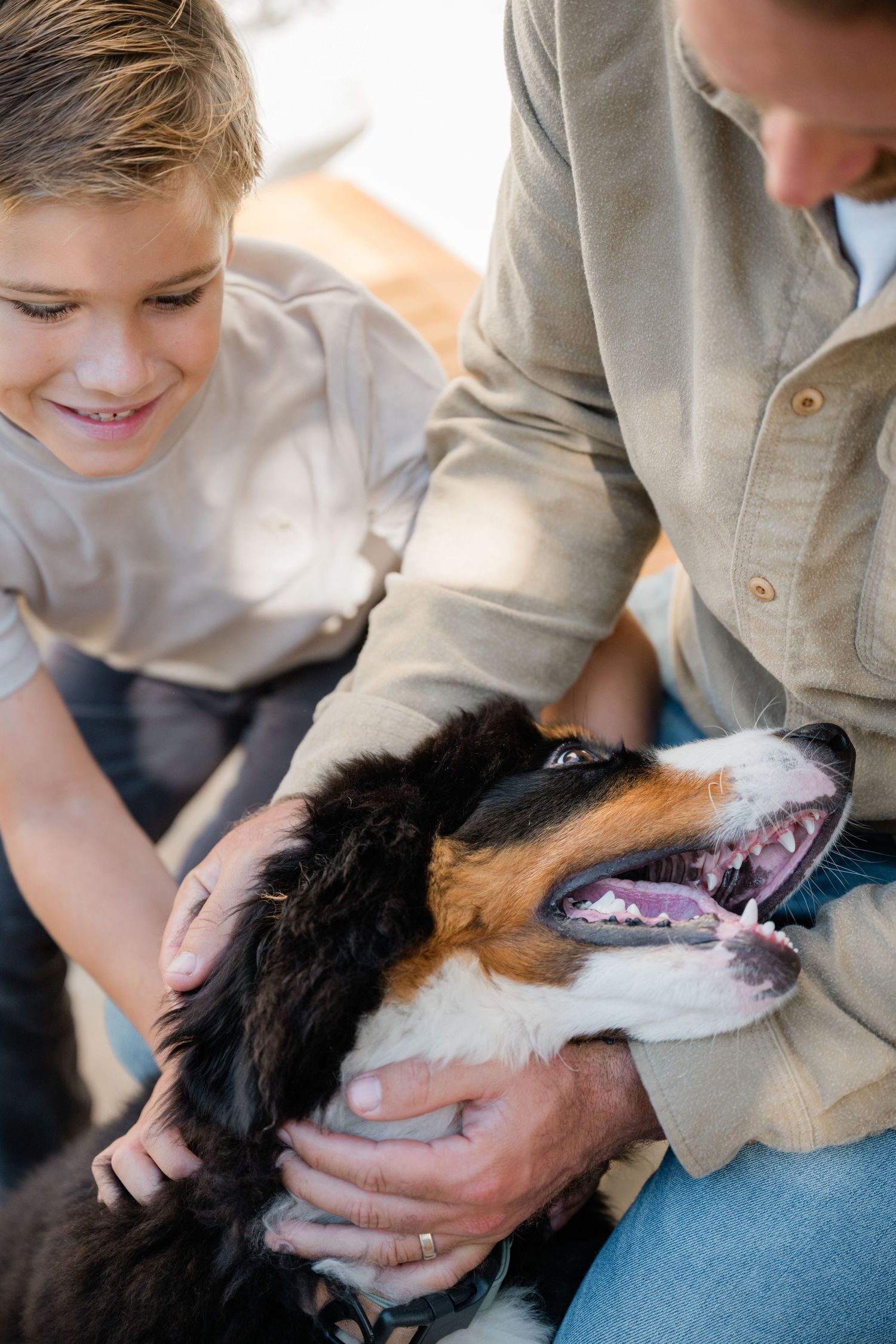 A smiling boy and adult petting a happy Bernese Mountain Dog together outdoors.