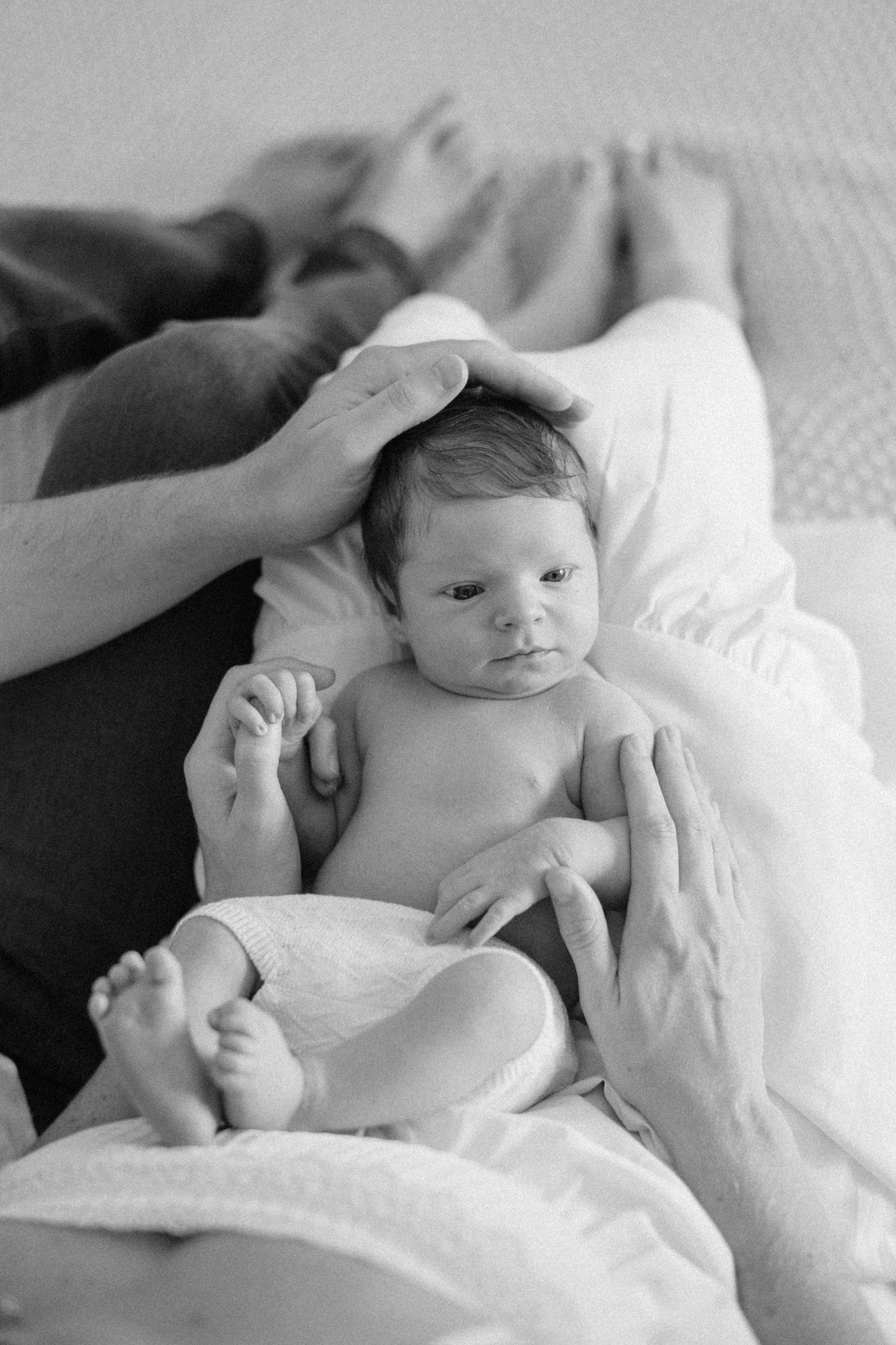 Close-up black and white photo of a newborn baby being gently held by parents hands.