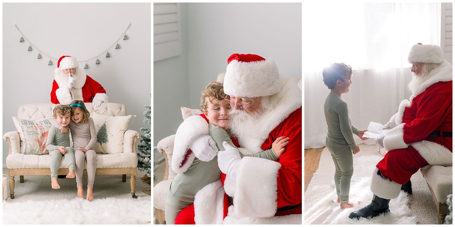Three festive photos of young children posing with Santa Claus in a bright white studio during a Christmas mini session.