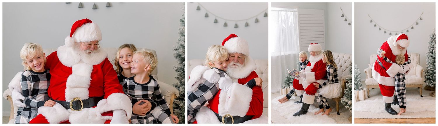 Children sit on Santa Claus's lap smiling during a festive holiday photo session in a bright white studio.