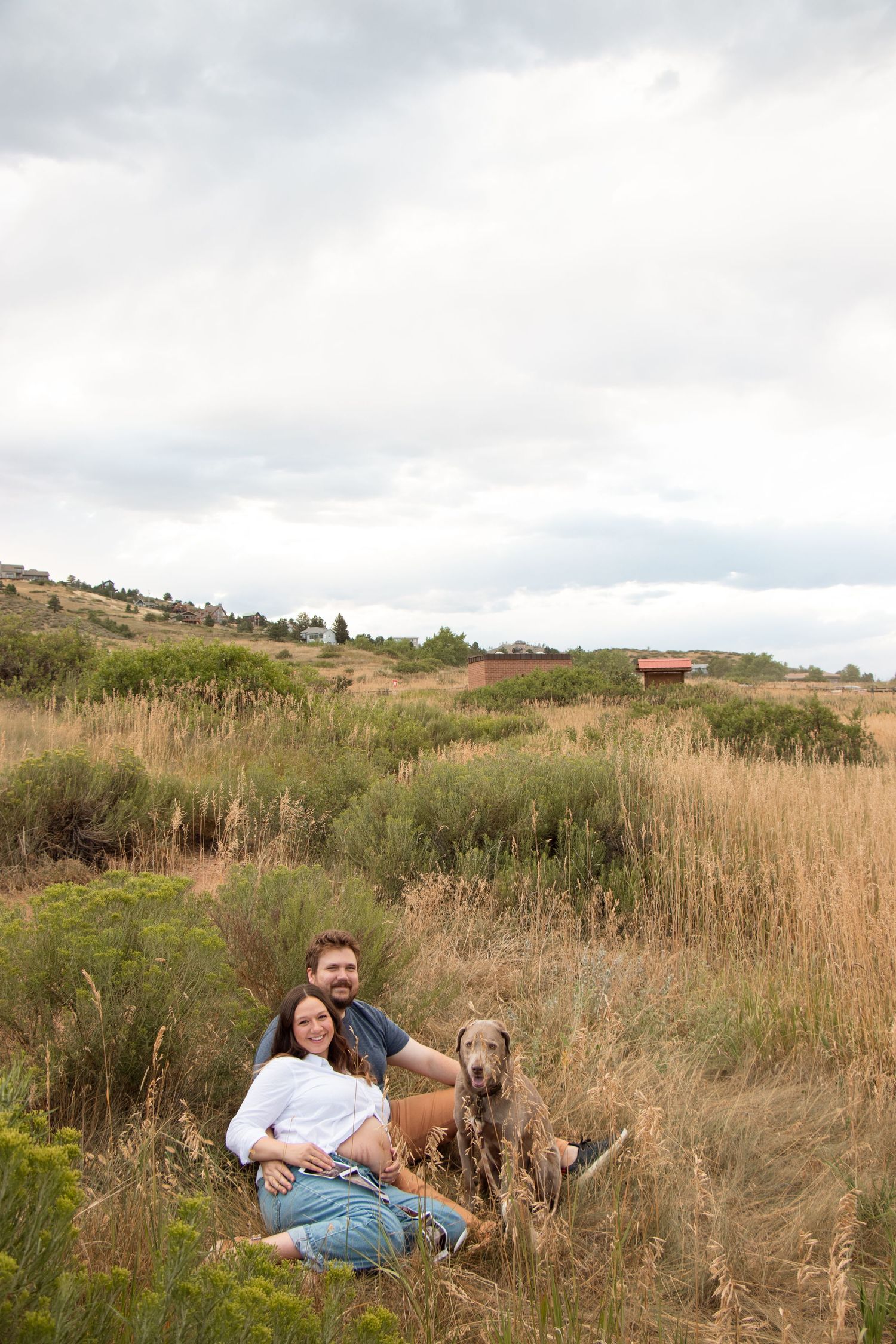 A couple relaxes in tall grass on a hillside with their brown dog on a cloudy afternoon.