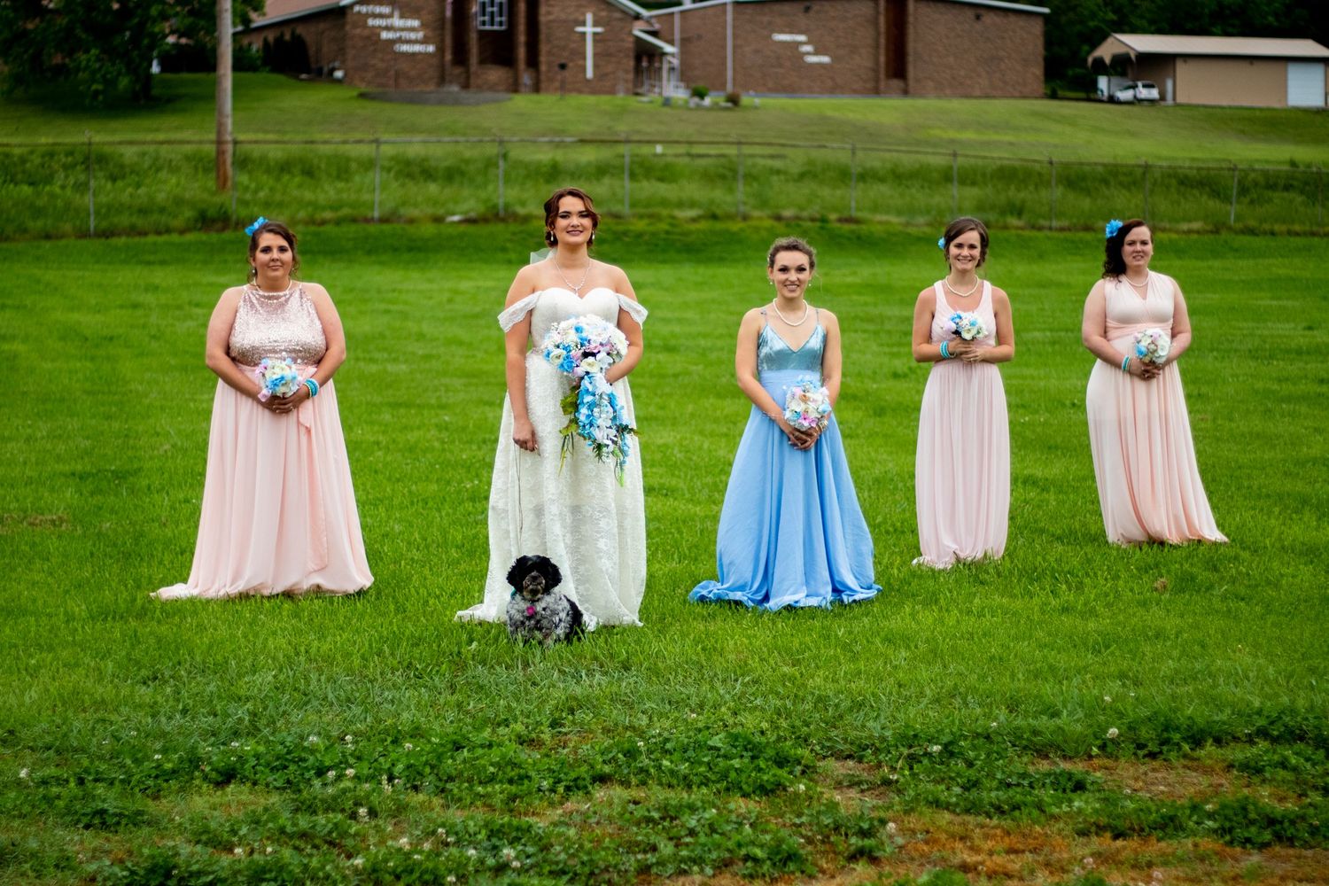 Row of bridesmaids in pastel gowns standing on grass at an outdoor wedding venue.