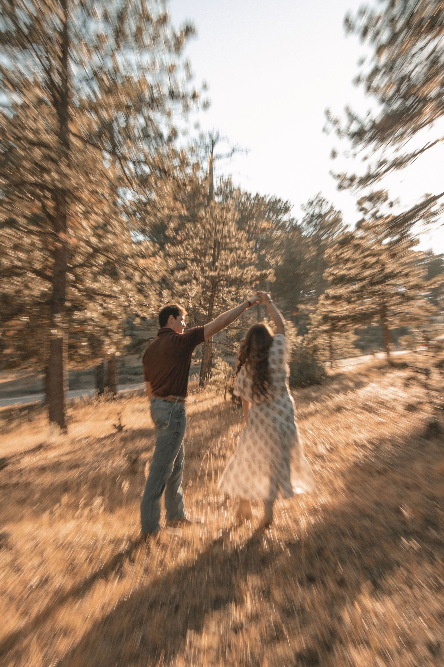 Couple walking through sunlit pine forest in dreamy motion blur effect.