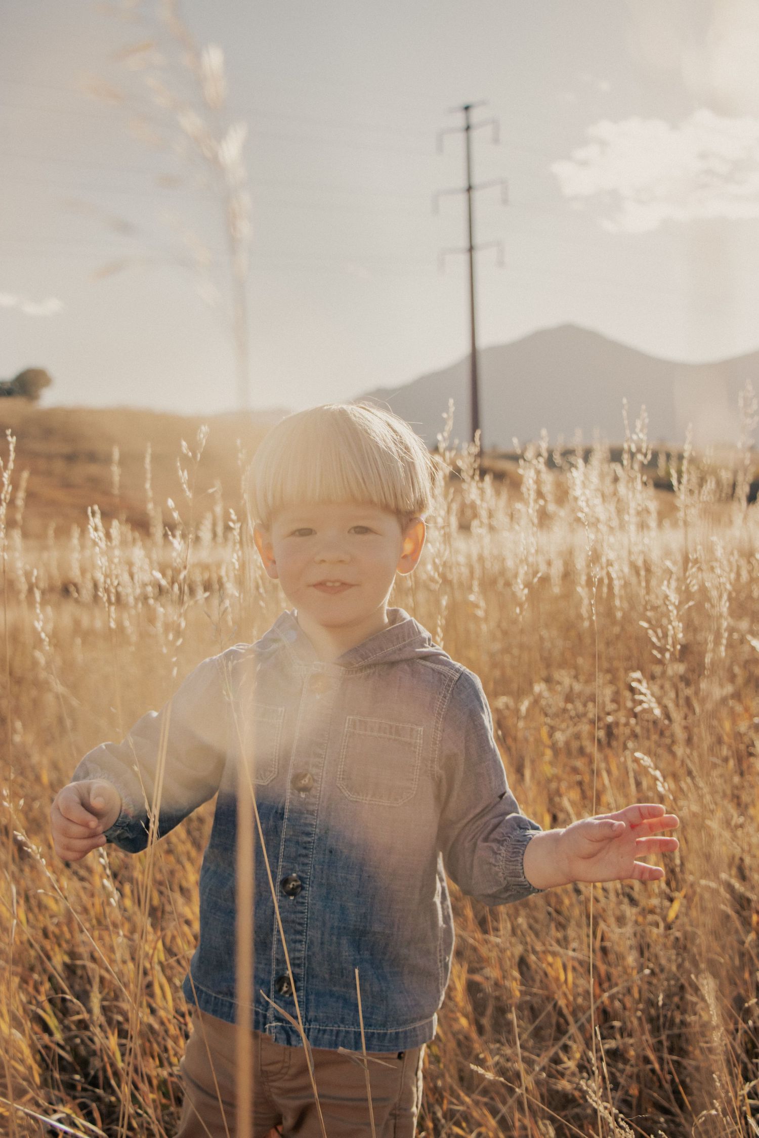 Children playing in tall golden grass with mountains in distance.