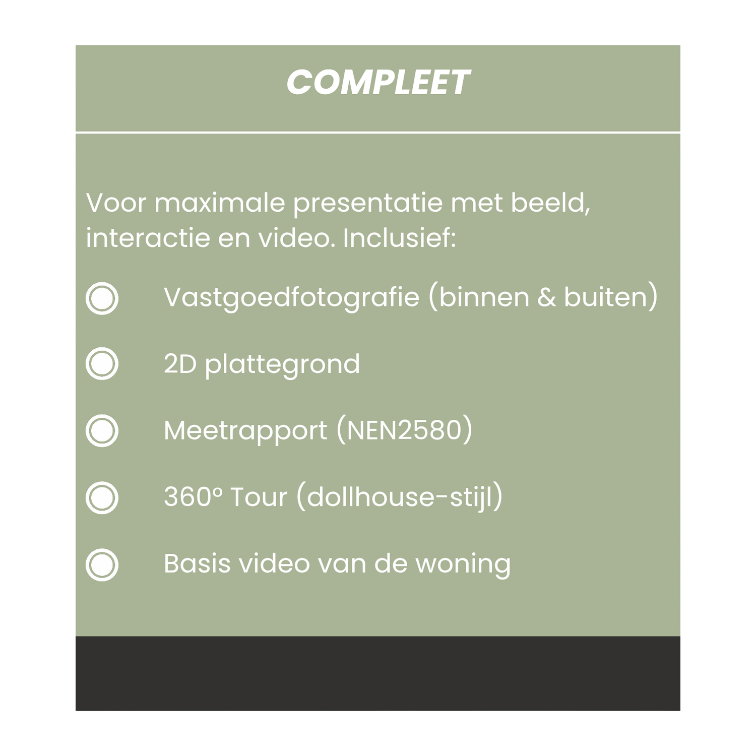 A green information graphic listing real estate services including photography, floor plans, measuring, 360 tours and video features.