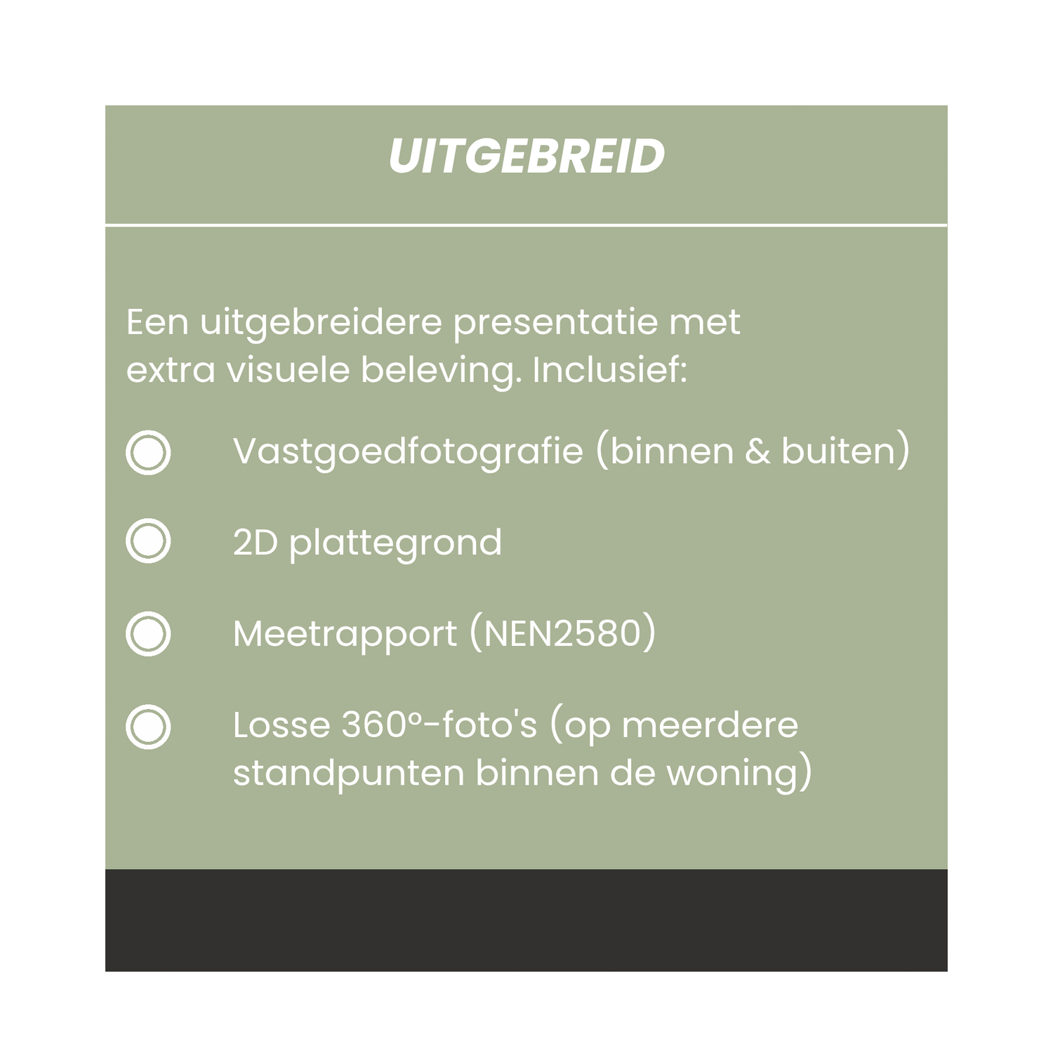 Green menu list showing property photography services including real estate photos, floor plans, and 360-degree photos in Dutch.