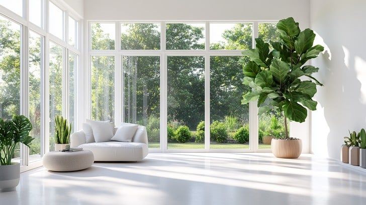 Modern sunlit living room with white walls, floor-to-ceiling windows, a white sofa, and a large potted fiddle leaf fig plant.