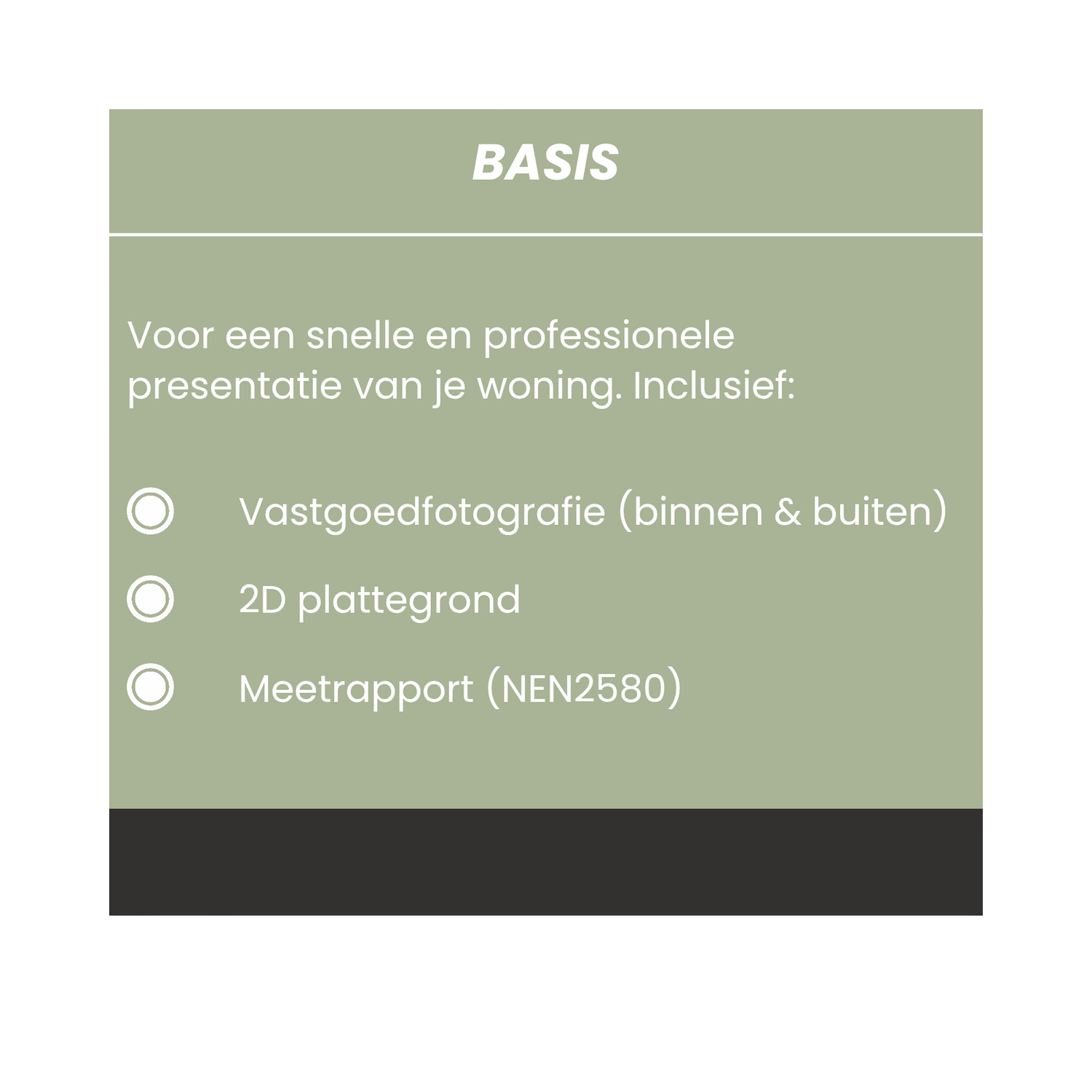 Professional real estate service menu in Dutch showing BASIS package with property photography and floor plans on sage green background.