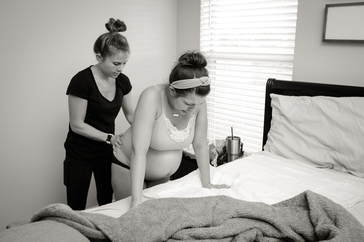 Black and white images showing movement and interaction in a bright bedroom setting.
