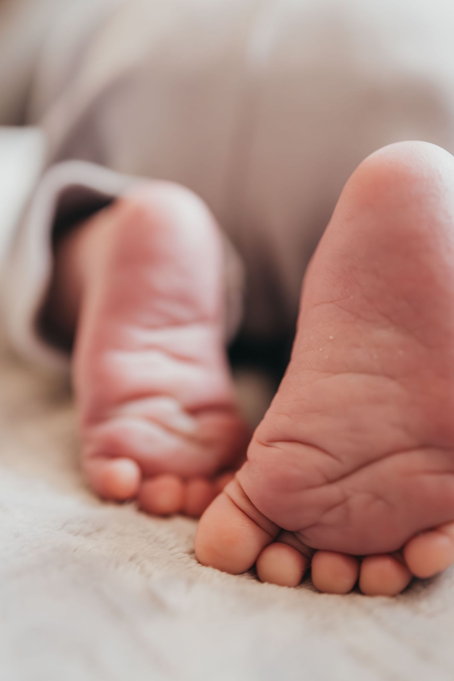 Close-up view of tiny newborn baby feet on soft white blanket showing delicate toes and wrinkles.