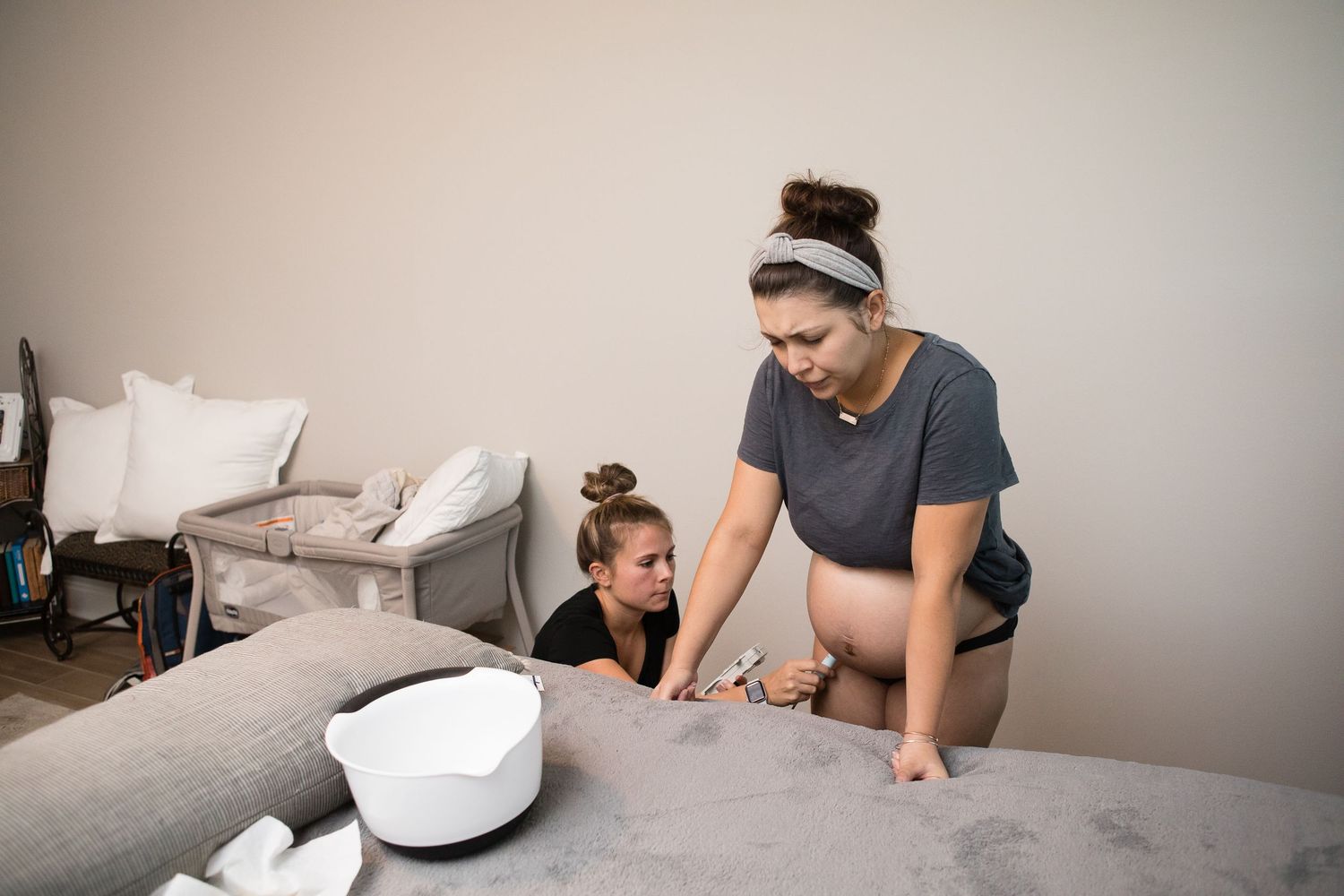A sequence of candid moments captured in a modern bedroom with neutral tones.