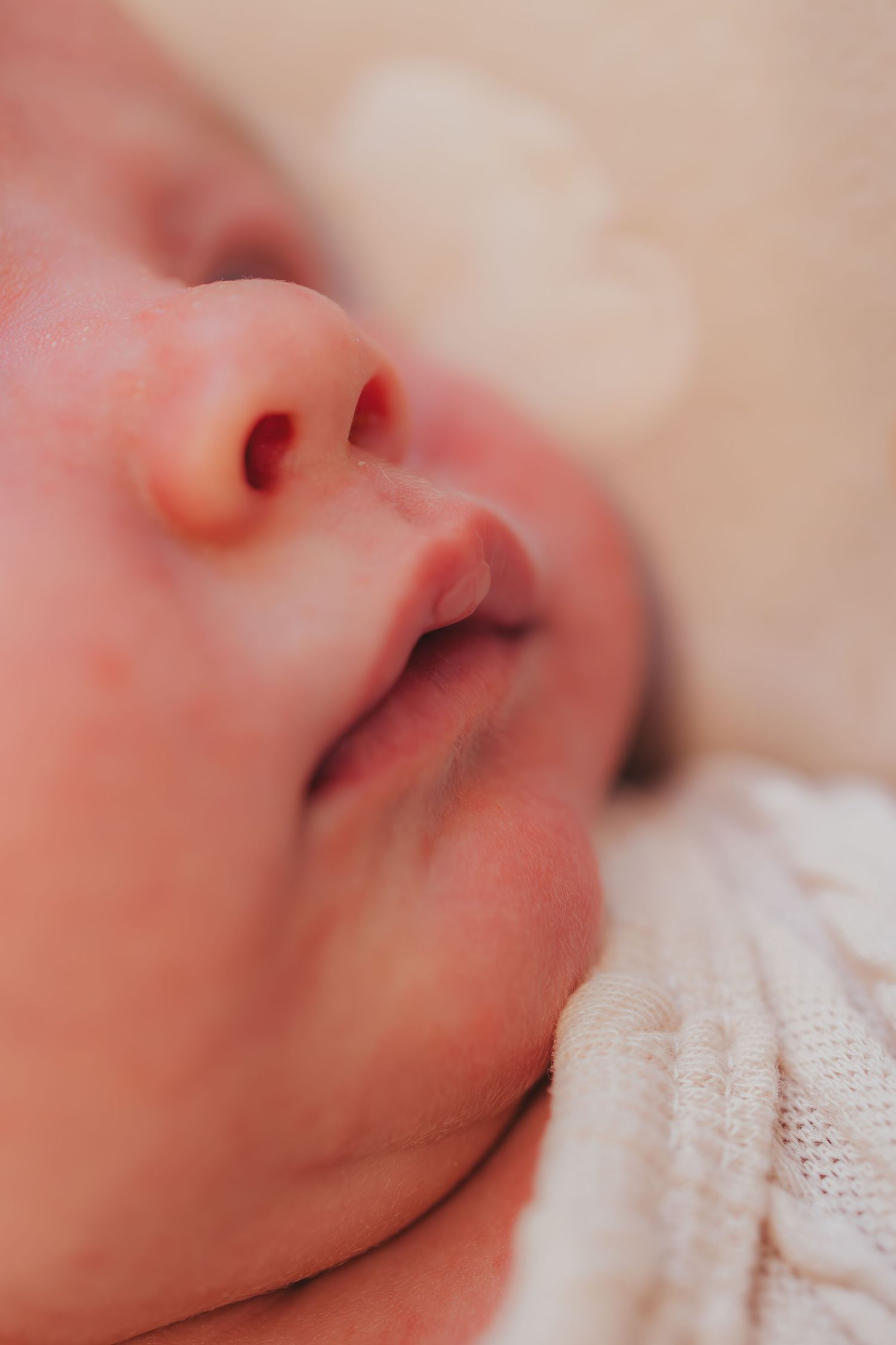 Close up details of a sleeping newborn's peaceful face.