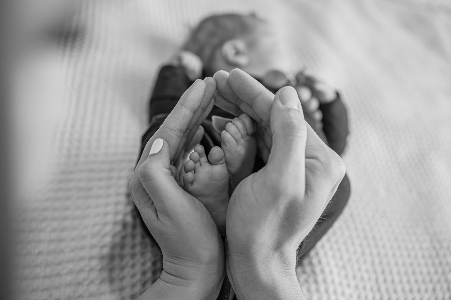 A series of black and white close-up photographs showing newborn baby hands grasping adult fingers.