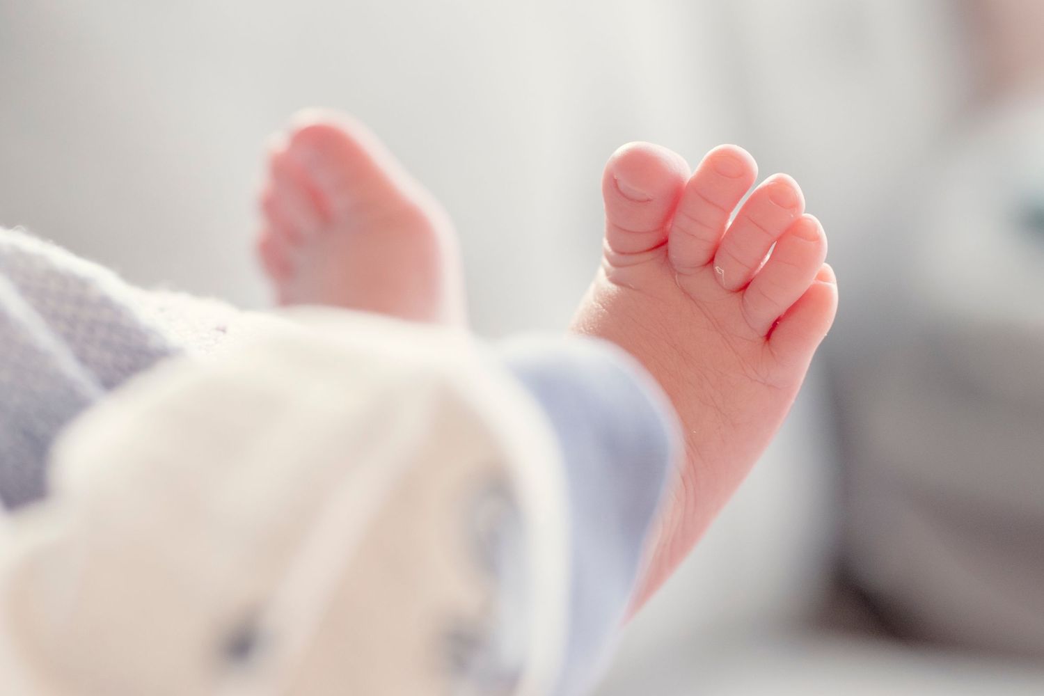 Close-up series of tiny newborn baby feet against white background.