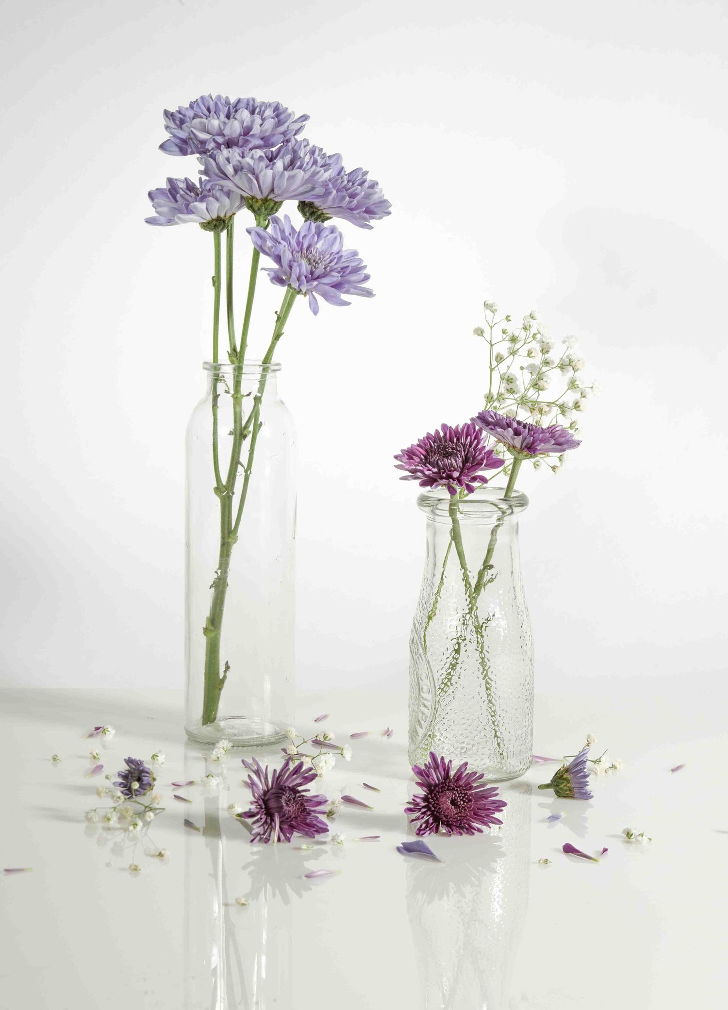 Purple chrysanthemums and baby's breath arranged in minimalist glass vases on reflective surface.