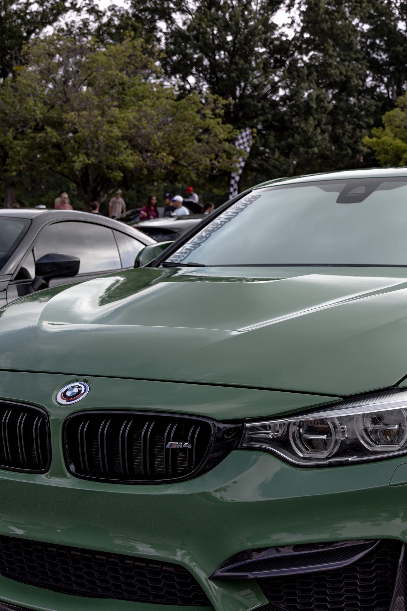 BMW M4 in matte military green with signature kidney grilles and LED headlights.
