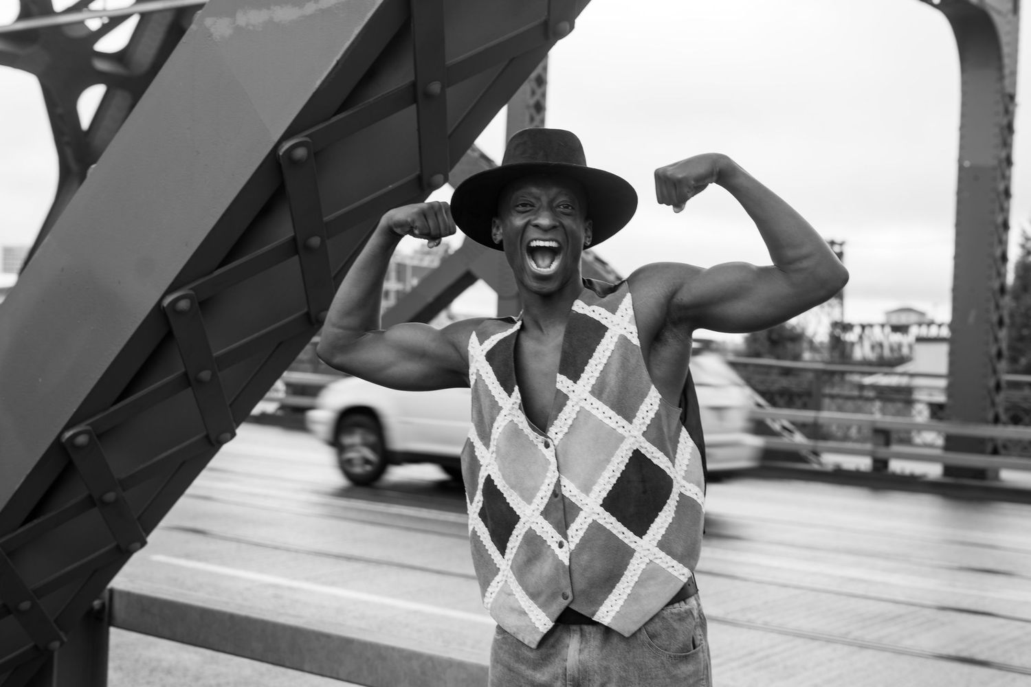 Playful and artistic photograph of man on Burnside Bridge in Portland Oregon