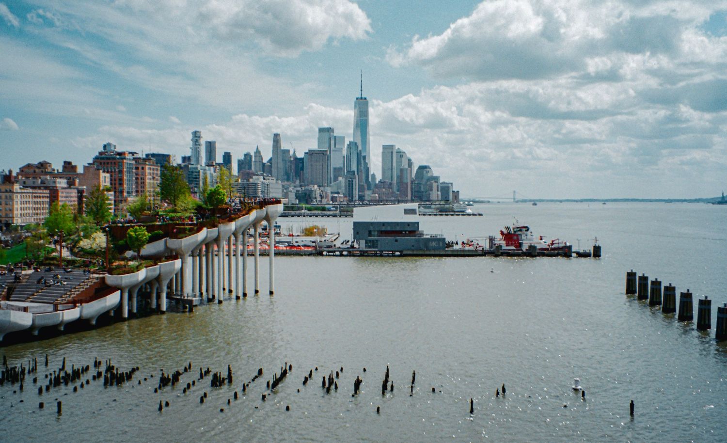 Film photograph of Little Island and the One World Trade Tower in New York City