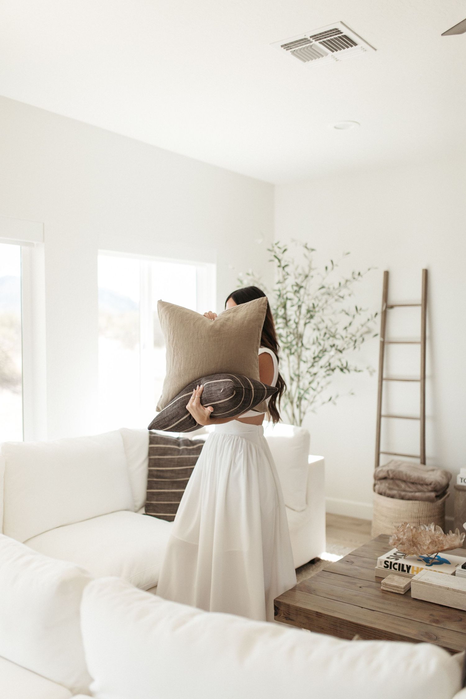 Bright interior scene with white furniture and decorative ladder against wall.