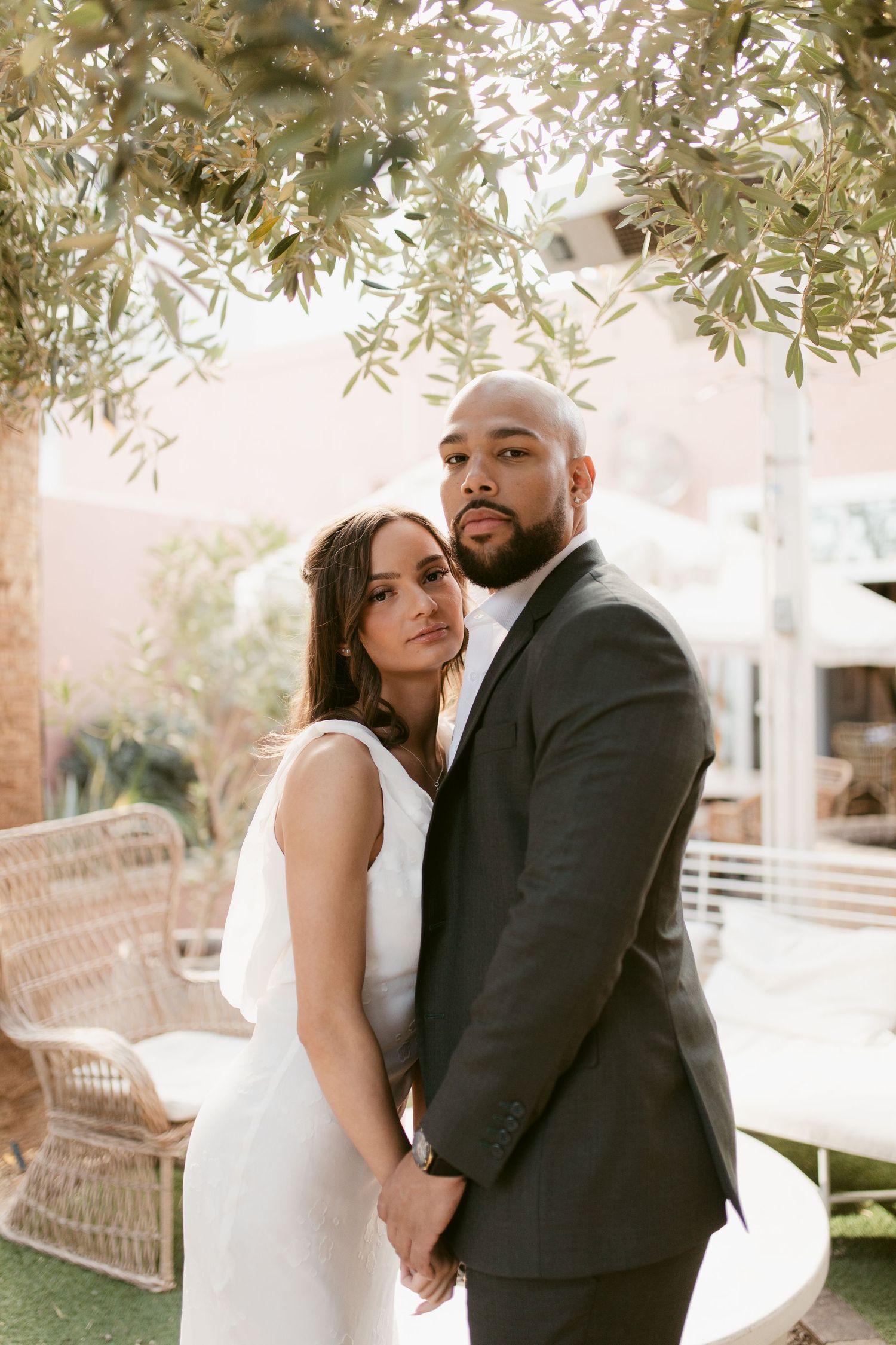 An elegant couple in wedding attire poses beneath olive trees in warm sunlight.