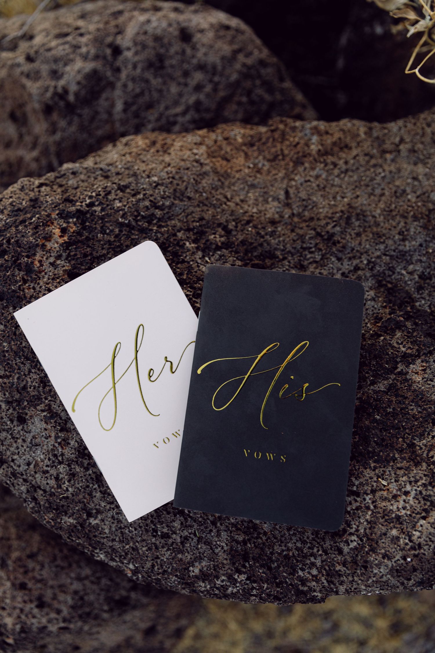 Two wedding vow books labeled 'Her' and 'His' in gold lettering placed on dark rocks.