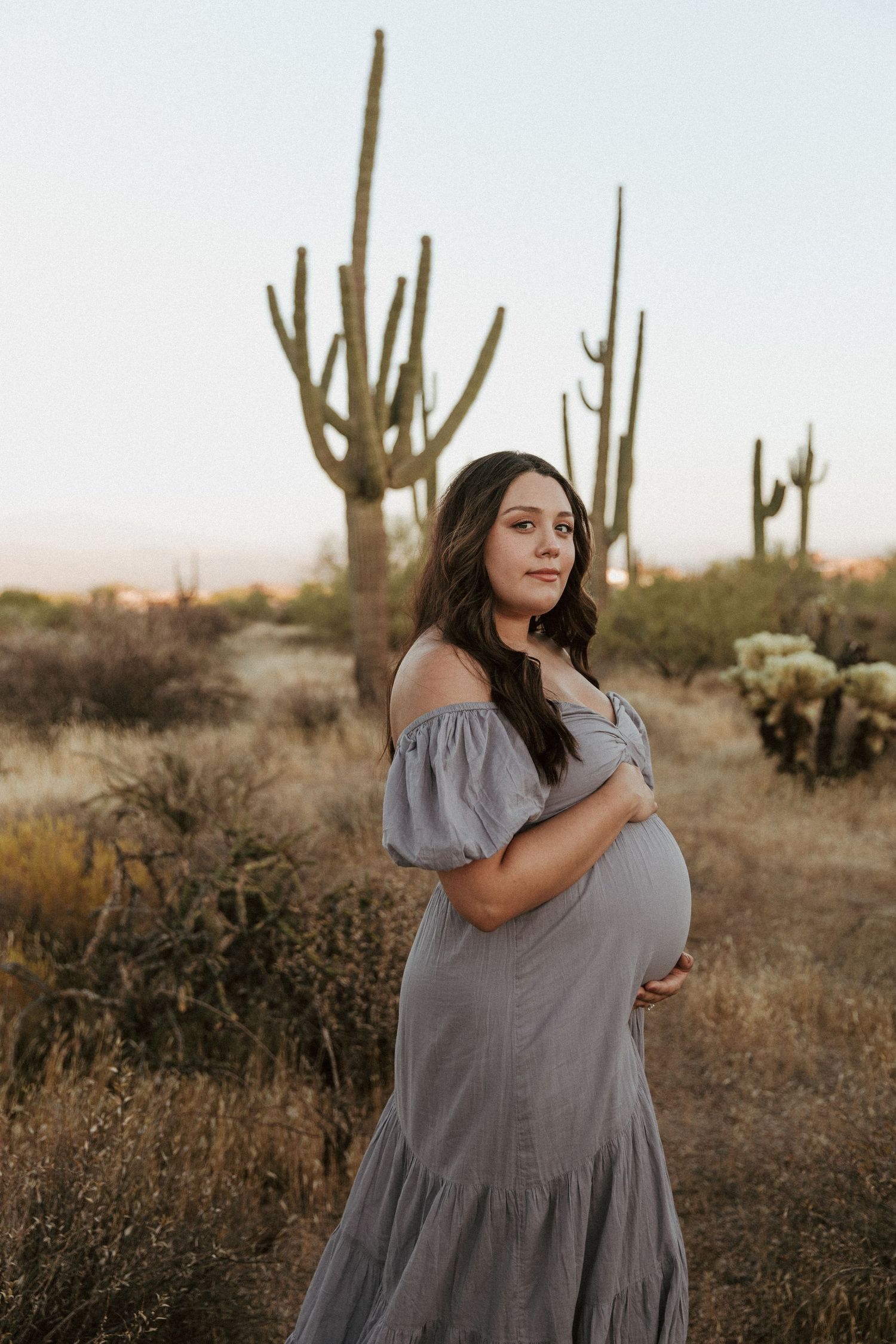 A pregnant woman in a gray dress poses elegantly among desert saguaro cacti at sunset.
