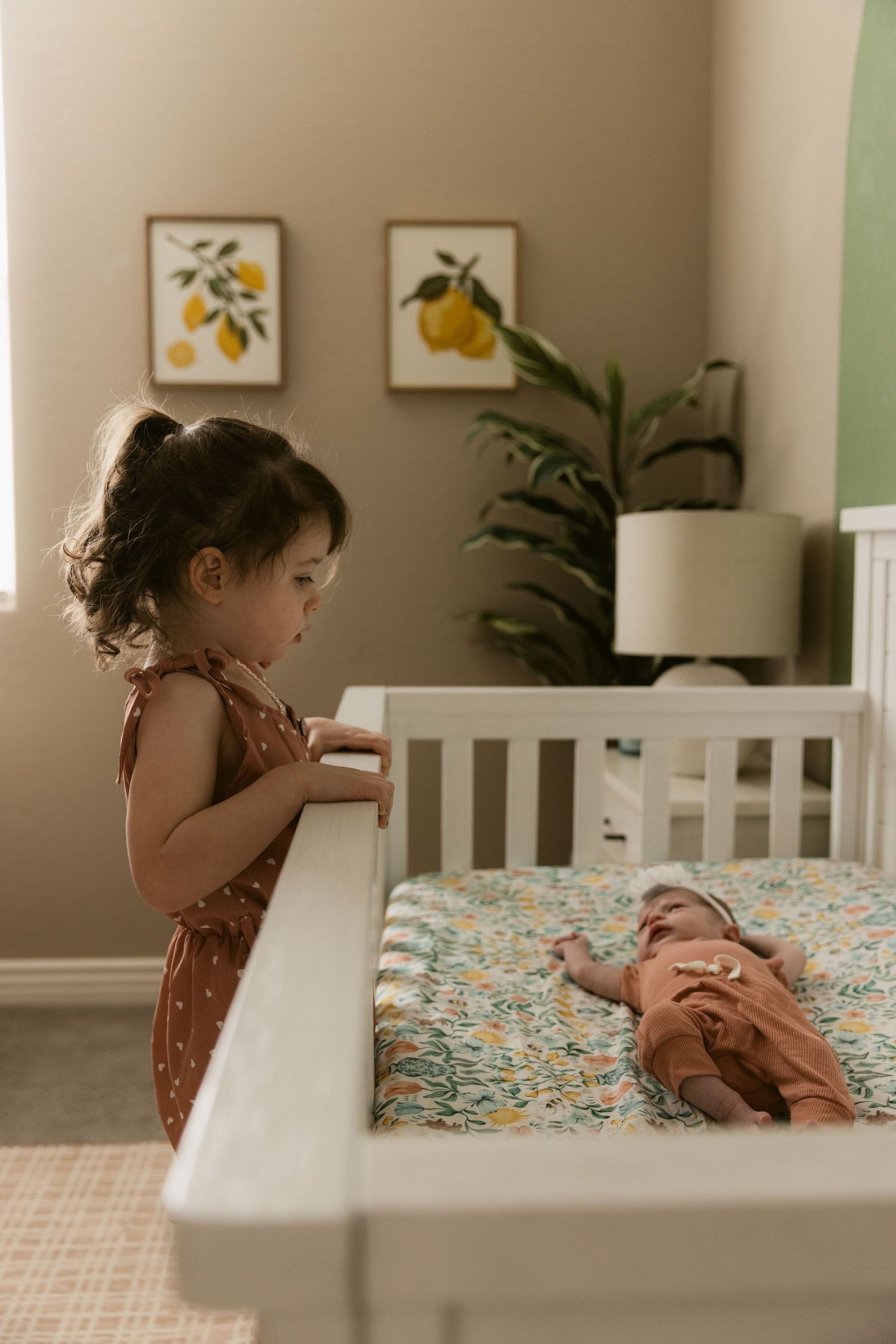 Toddler girl in brown romper standing at white crib looking at newborn baby in floral nursery.