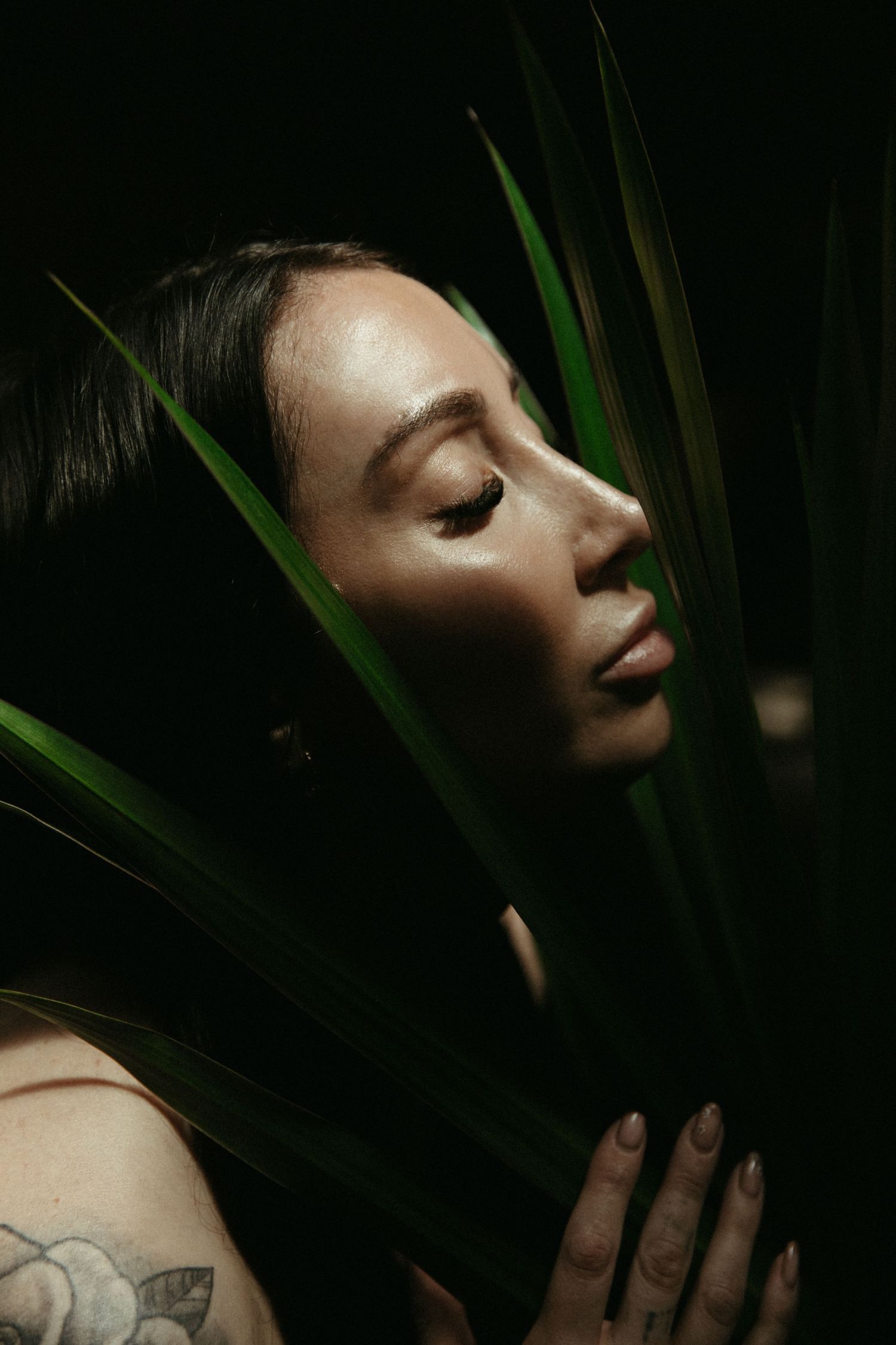 Artistic portrait of woman with palm leaves in dark moody lighting.