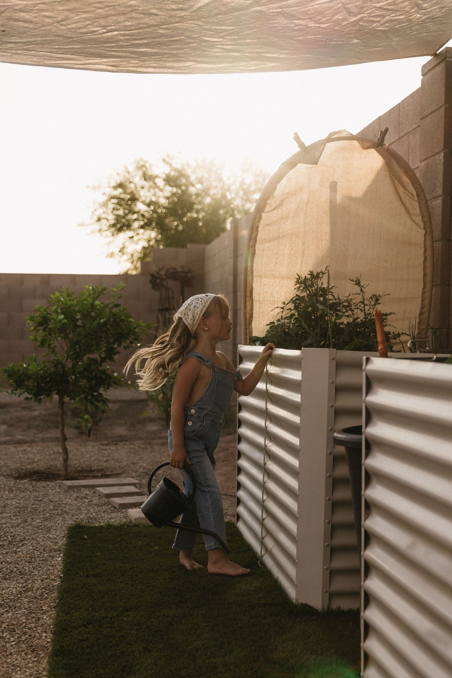 A young girl in overalls holds a watering can beside a raised garden bed in a sunlit backyard.